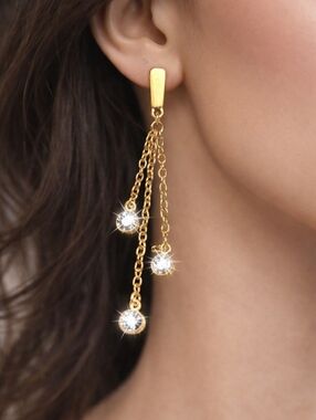 Gold Fringed Chain Drop Earrings - Sparkling Crystal 2.5"  - Fashion Jewelry